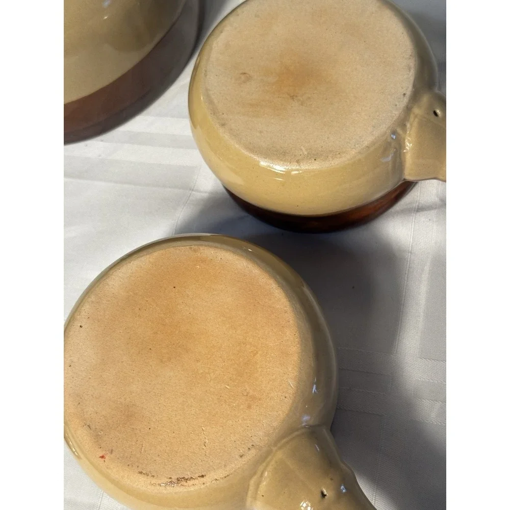 Vintage Brown Bean Pot w/ 2 Matching Handled Ramekins – Rustic Stoneware Set